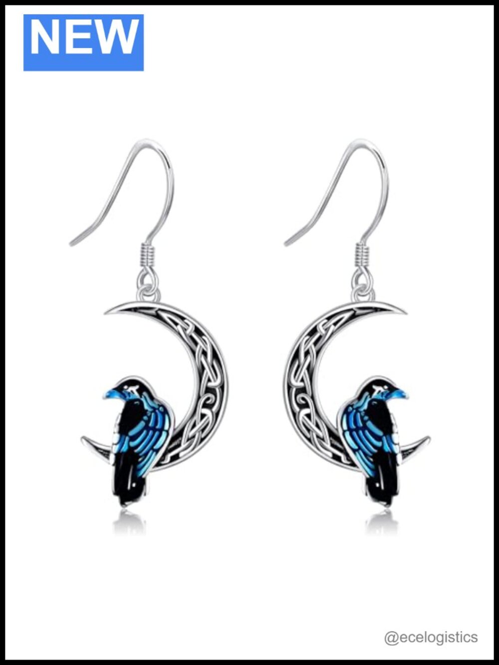 Sterling Silver Raven Dangle Earrings Celtic Moon Hypoallergenic Gift